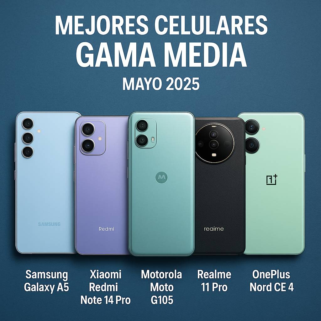 Mejores celulares gama media mayo 2025: Samsung Galaxy A55, Xiaomi Redmi Note 14 Pro, Motorola Moto G105, Realme 11 Pro, OnePlus Nord CE 4
