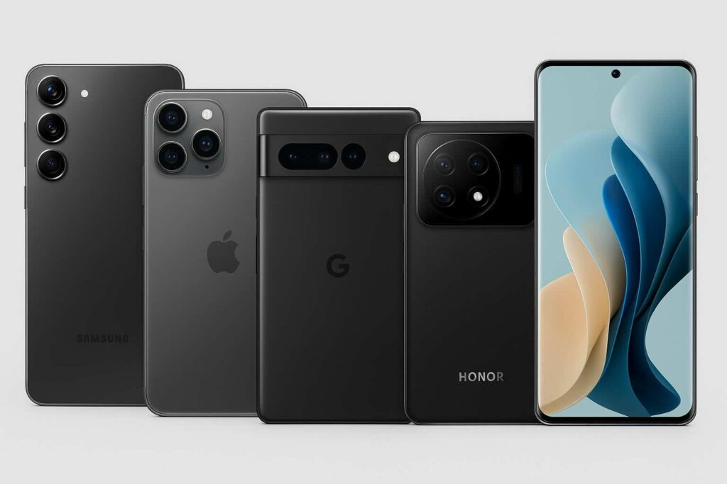 Imagen de los cinco mejores celulares con cámara del 2025: Samsung Galaxy S25 Ultra, iPhone 16 Pro Max, Google Pixel 9 Pro, Xiaomi 15 Ultra y HONOR Magic7 Pro