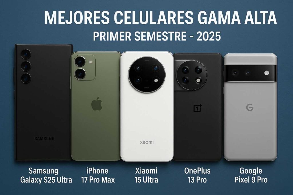 Top 5 mejores celulares gama alta del primer semestre 2025: Samsung Galaxy S25 Ultra, iPhone 17 Pro Max, Xiaomi 15 Ultra, OnePlus 13 Pro, Google Pixel 9 Pro